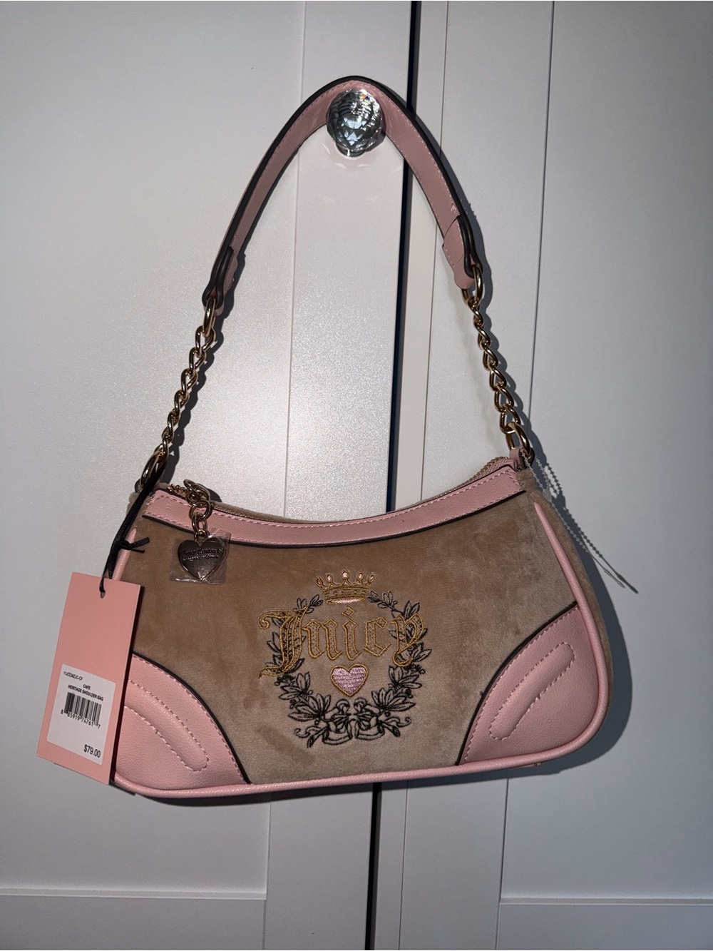 Juicy Couture Pink and Tan Suede Shoulder Bag with Gold Chain